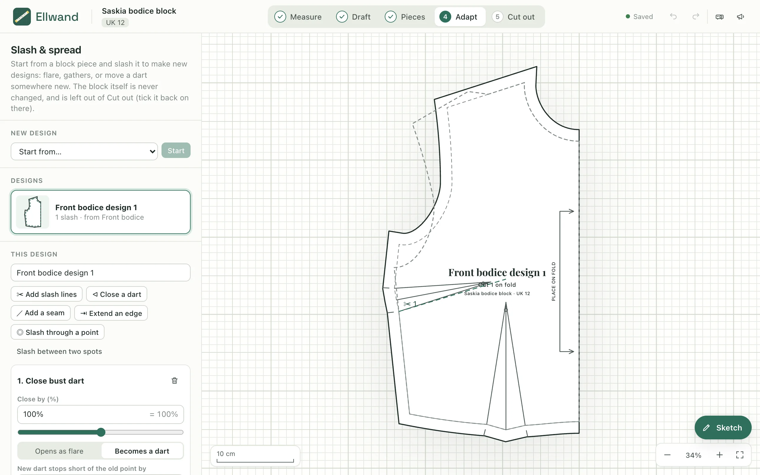 The Adapt stage: the front bodice with its shoulder dart closed and moved to the side seam, the block dashed underneath