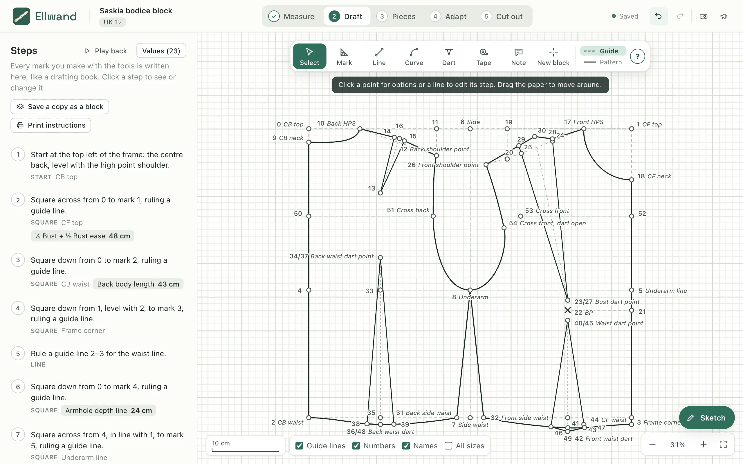 The Draft stage in Ellwand: the written steps on the left, the drafted bodice block on the paper, and the tool palette across the top